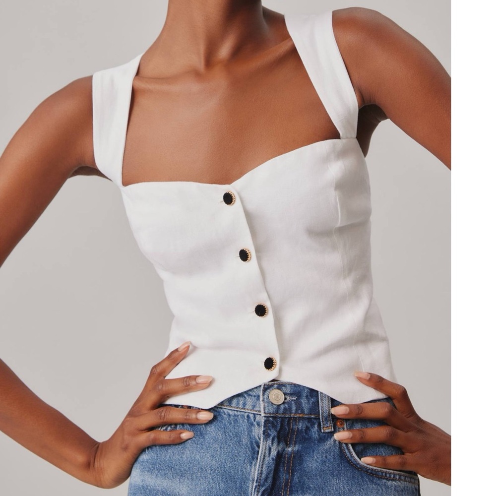 Reformation White Sleeveless Square-Neck Button Front Top